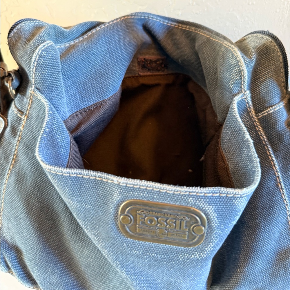 Vtg Fossil Light Blue Denim Crossbody Bag Small Messenger Bag w/ Pen Holder - Picture 7 of 8
